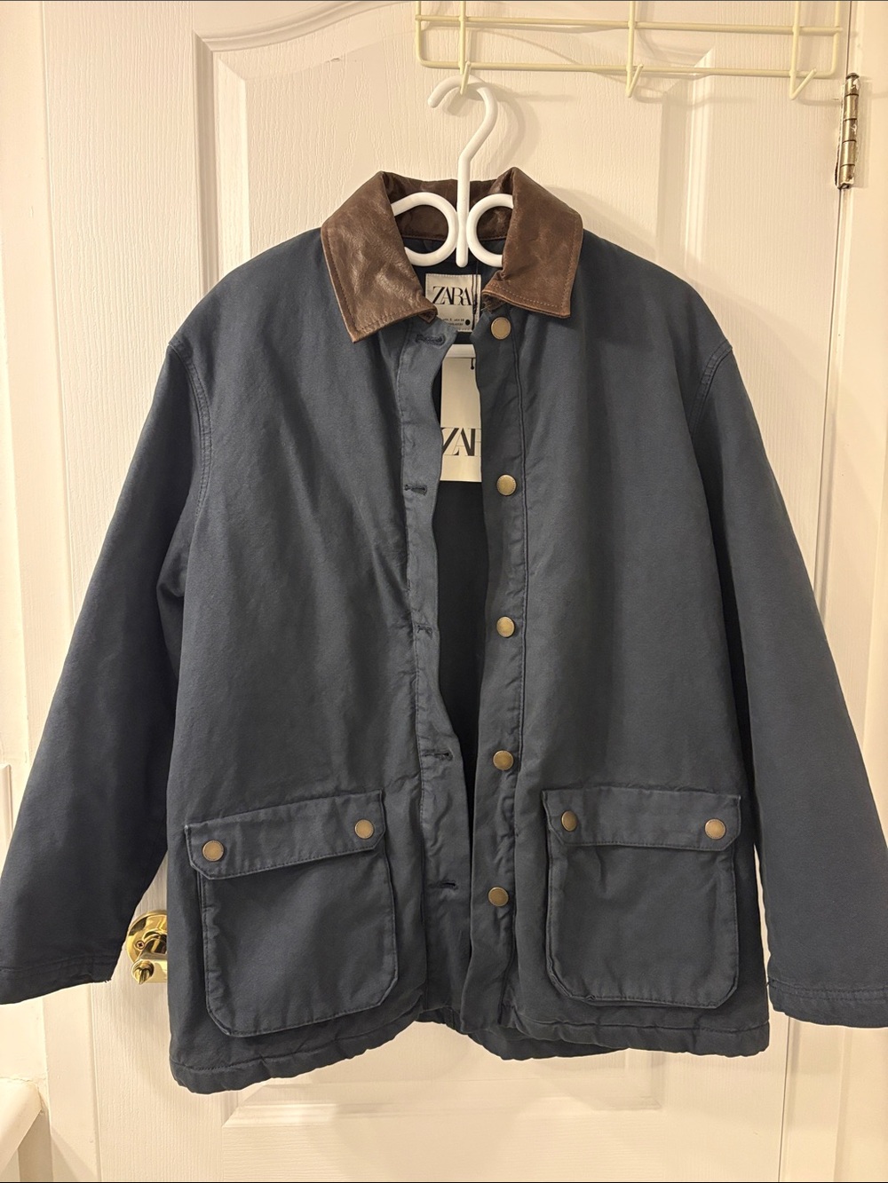 Zara Men’s Navy Field Jacket with Brown Collar